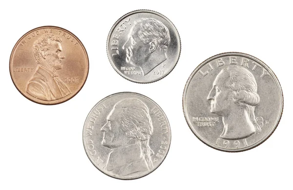 Vier meest gebruikte Amerikaanse munten geïsoleerd op witte blauw — Stockfoto