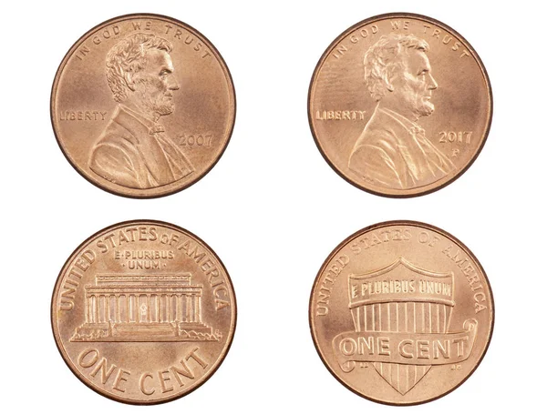 林肯纪念馆一分钱和联盟盾一分孤立的白色背部 — 图库照片