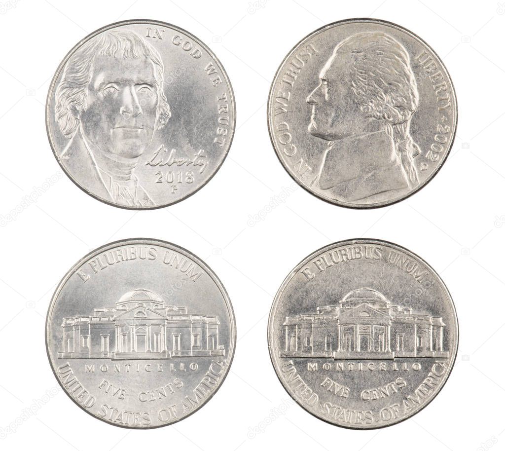 Old and New American Nickels isolated on white background