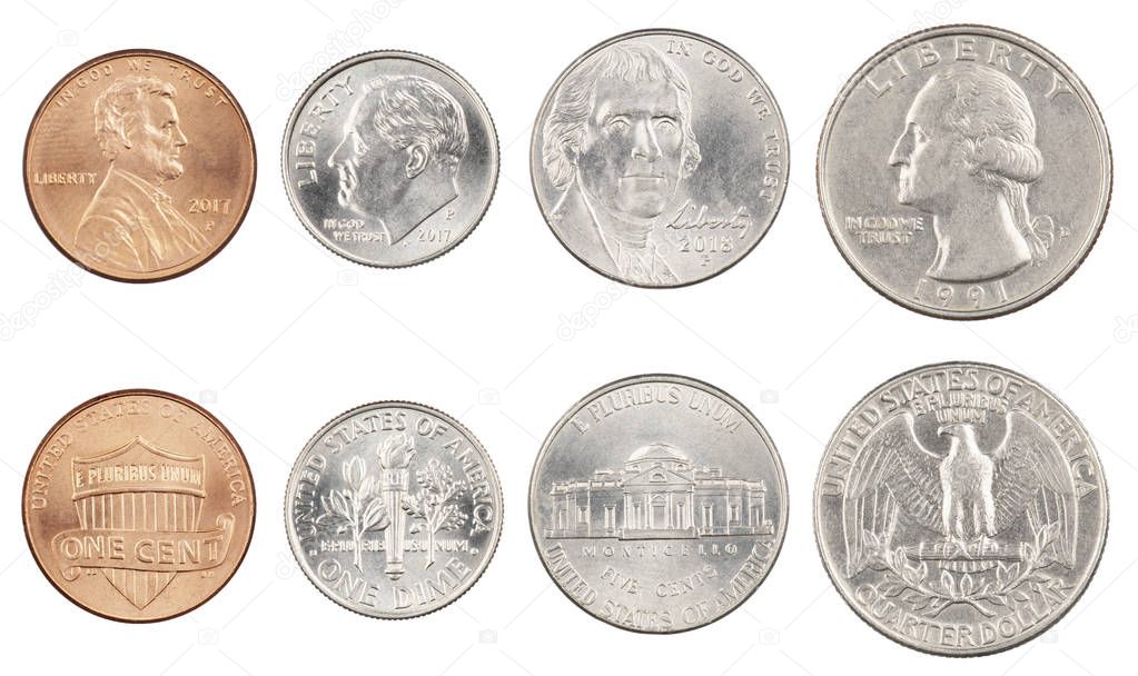 Four most commonly used American Coins isolated on white backgro