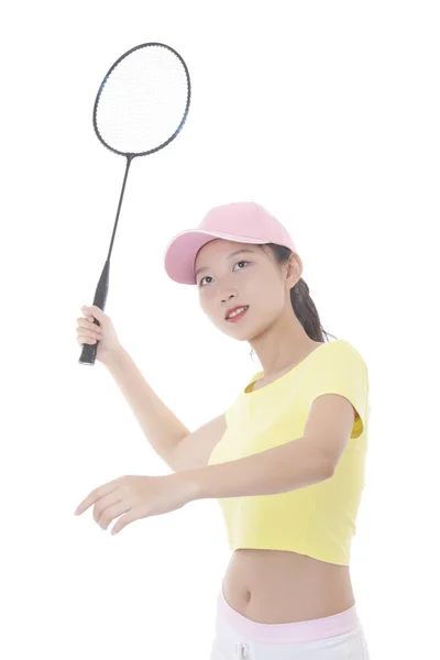 Mooie Aziatische vrouw met een badminton racket geïsoleerd op whi — Stockfoto