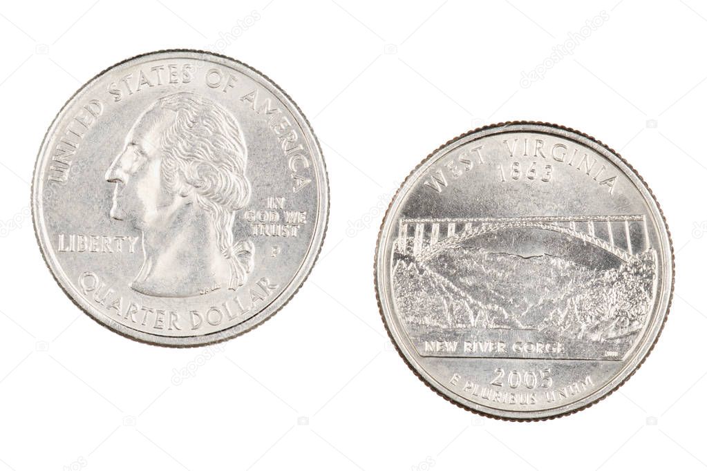 West Virginia 2005p State Commemorative Quarter isolated on a wh