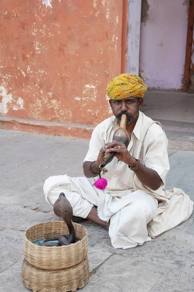 Yılan oynatıcısı sokaklarda Rajasthan Jaip turist intertaining — Stok fotoğraf