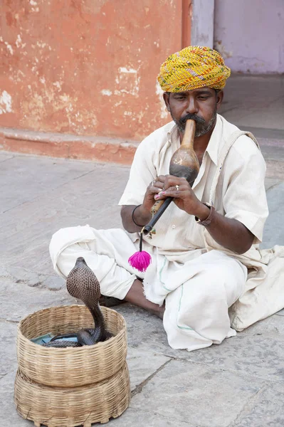 Заклинатель змей интернированный турист на улицах Раджастхан Джаип — стоковое фото