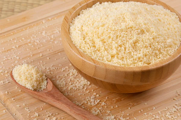 Close Wooden Bowls Grated Parmesan Cheese Wooden Background — Stock Photo, Image