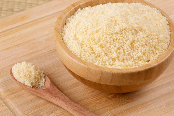 Close Wooden Bowls Grated Parmesan Cheese Wooden Background — Stock Photo, Image