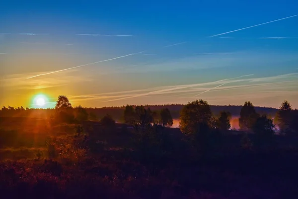 Salida Del Sol Puesta Del Sol Otoño Dorado Luneburg Heath — Foto de Stock