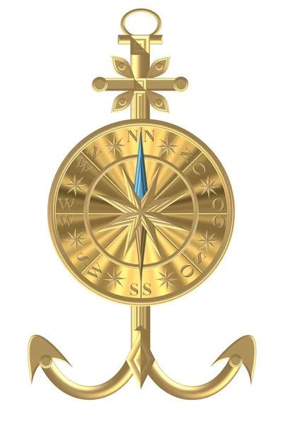 Goldener Kompass Anker Windrose Lenkrad Globus Segelschiff — Stockfoto