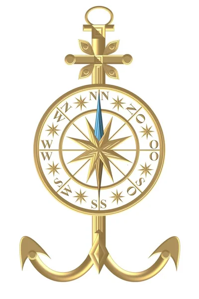 Golden Compass Horgony Szélrózsa Kormánykerék Globe Vitorlás Hajó — Stock Fotó