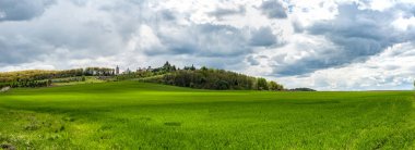 Yeşil çimenler, tepeler ve ağaçlar, bulutlu gökyüzü ile göz alıcı panoramik manzara 