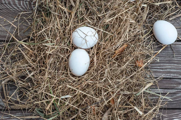 Weiße Eier liegen im trockenen Heu auf dem hölzernen Reifebrett — Stockfoto