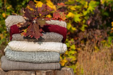 Sonbahar ormanı arka planında sıcak renkli battaniye yığını