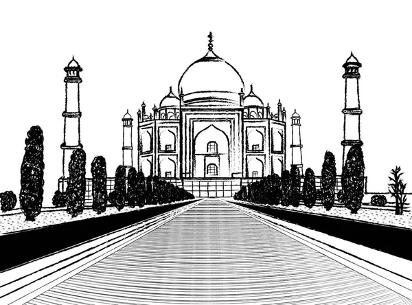 Taj mahal tempel houtskool schets op witte achtergrond — Stockvector