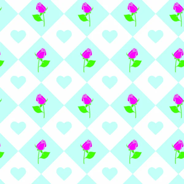 Rosas Corazones Sin Costuras Fondo Patrón Para Replicar Continuamente Azul — Archivo Imágenes Vectoriales