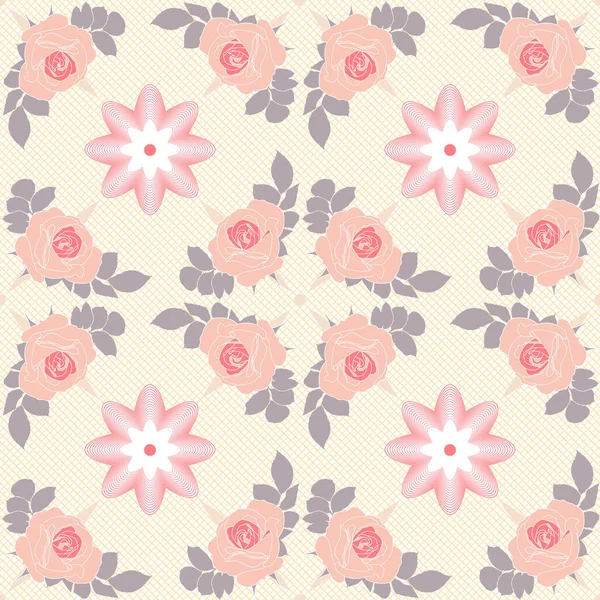 Vector naadloze patroon. beige rozen op crème achtergrond met geometrische decoratie. — Stockvector
