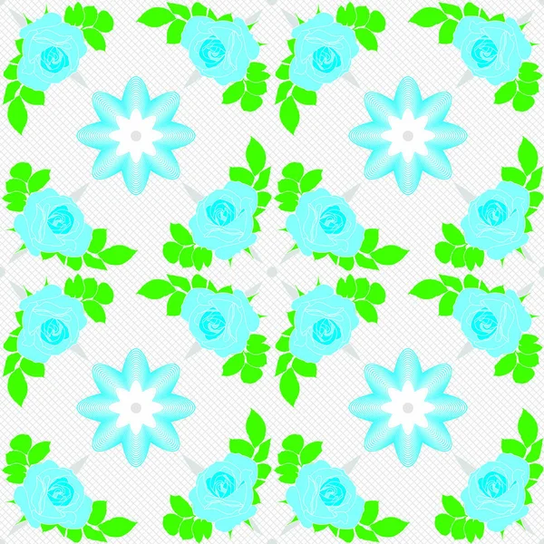 Patrón sin costura vectorial. Rosas azules sobre fondo blanco con decoración geométrica . — Archivo Imágenes Vectoriales