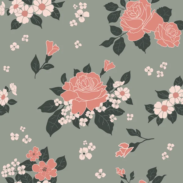 Patrón de lujo sin costuras de colores rosas en flor sobre fondo gris. Ilustración vectorial . — Archivo Imágenes Vectoriales