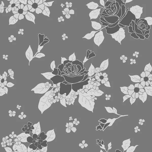 Patrón de lujo a escala gris monocromática sin costuras - rosas en flor sobre fondo gris. Ilustración vectorial . — Archivo Imágenes Vectoriales