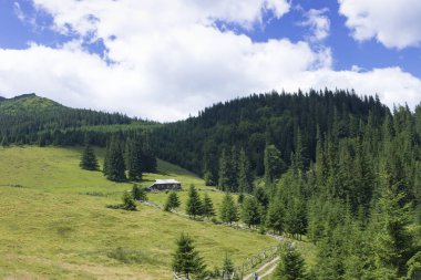 Bulutlu gökyüzü ile doğal yaz dağları görünümü. Karpatlar