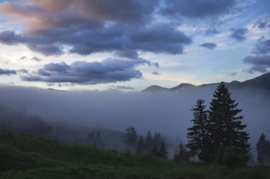 Bulutlu gökyüzü ile doğal yaz dağları görünümü. Karpatlar