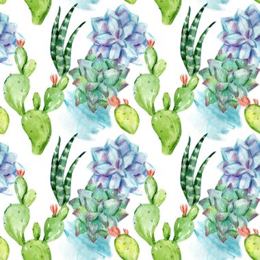 Elle çizilmiş, kaktüslü ve sulu sulu boya desenli. Tekstil tasarımı için mükemmel, dijital kağıt, ambalaj kağıdı, duvar kağıdı, arka plan. Elle boyanmış eski bahçe arka planı.