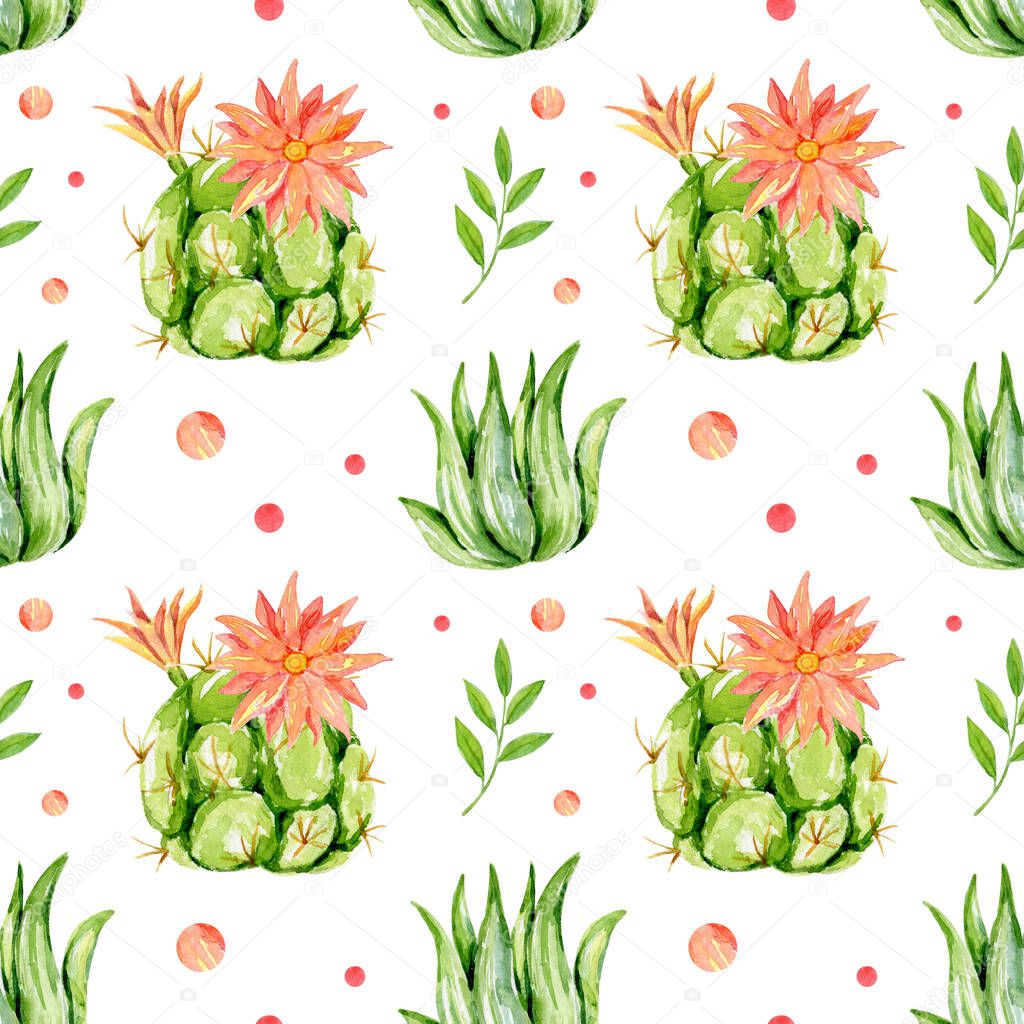 Hand drawn watercolor seamless pattern with cactuses, succulents and flowers. Perfect for textile, digital paper, wrapping paper, wallpaper, background. Hand painted vintage gardening background.