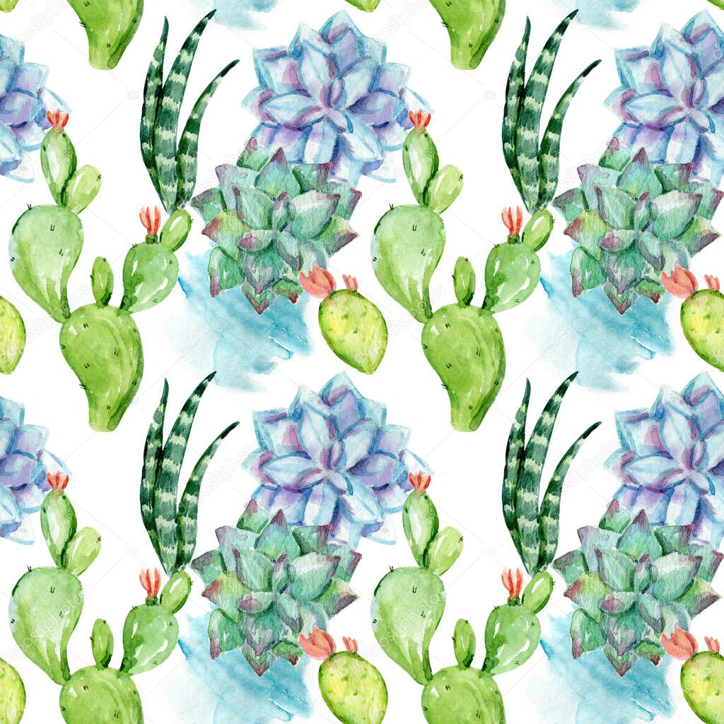 Hand drawn watercolor seamless pattern with cactuses and succulents. Its perfect for textile design, digital paper, wrapping paper, wallpaper, background. Hand painted vintage gardening background.