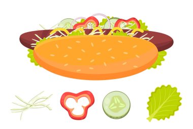 Sosisli ve sebzeli hotdog. Salata yaprakları, marul, bir dilim biber, soğan ve salatalık, lahana, hardal sosu. Sosisli ve malzemelerin düz vektör çizimi. Fast food konsepti.