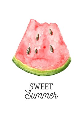 Karpuz parçalı suluboya yaz kartı. Tatlı yaz mesajı. Güzel karpuz çizimi. Tebrik kartı veya parti daveti