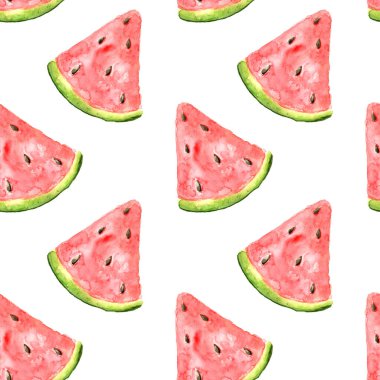 İzole edilmiş beyaz arka planda taze kırmızı karpuz. Suluboya kusursuz desen. Şirin yaz çizimi.