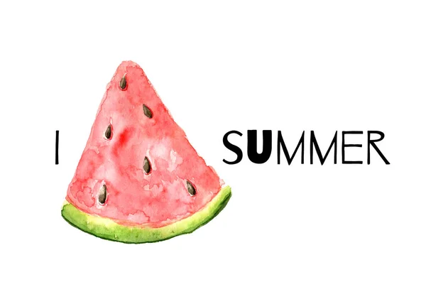 Ich Liebe Den Sommer Text Mit Wassermelonen Illustration Aquarell Wassermelone — Stockfoto