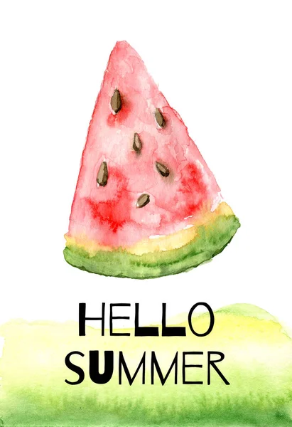 Hej Sommar Text Med Vattenmelon Illustration Akvarell Vattenmelon Bit Isolerad — Stockfoto