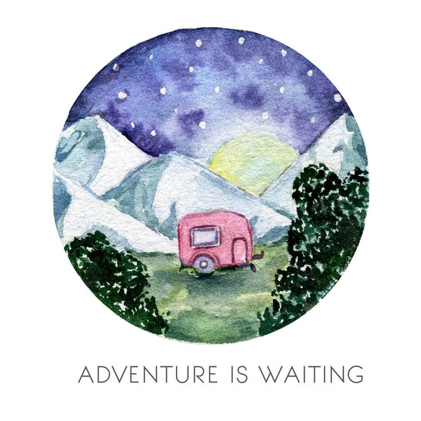 Лагерь в горах. Акварель пейзаж в кругу, с приключенческим трейлером, горы и цветы. Путешествия, альпинизм. Концепция активного отдыха. Жду.