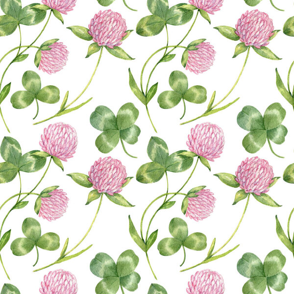 Акварель бесшовный узор с листьями клевера и цветами. Ручной рисунок с полевыми цветами. Ботаническая иллюстрация на белом фоне. Травяное множество.