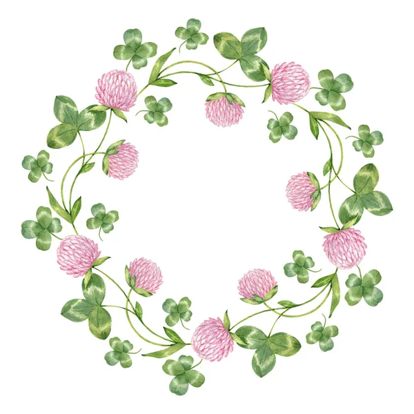 かわいいクローバーイラストの水彩画の花輪。白地に手描きピンク色のクローバー。草原の花の輪枠 — ストック写真