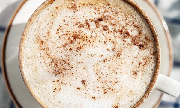 Coffee Cappuccino Checkered Napkin Top Close — Stock Photo, Image