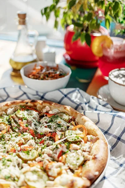 Pizza Checkered Napkin Cafe Table Natural Sunlight Stock Picture