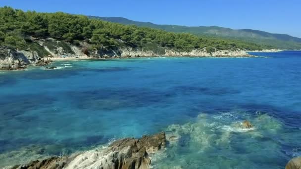 Vista Aérea Linha Azul Costa Água Península Sithonia Halkidiki Greece — Vídeo de Stock