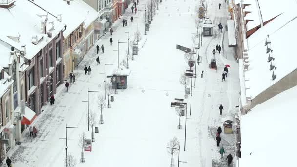 Město Sněhový Pluh Bouři Pohled Ptačí Perspektivy Chodnících Centru Města — Stock video