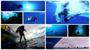 Açık su dalış Video duvar. Scuba Diver dalış tekneden atlama. Yüksek hızlı kamera çekim. Scuba Diver siluet Sunburst karşı. Mağara dalışı.
