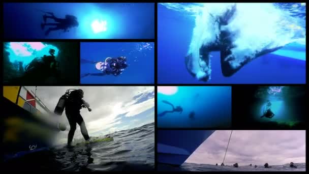 スキューバ ダイビング概念マルチ スクリーン ビデオ オープンウォーター ダイビングします スキューバ ダイバーは潜水艇から飛び降りる 高速カメラのショット サンバーストに対してスキューバ — ストック動画
