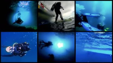 Tüplü Dalış Video duvar. Açık su dalış. Scuba Diver dalış tekneden atlama. Yüksek hızlı kamera çekim. Scuba Diver siluet Sunburst karşı. Mağara dalışı.