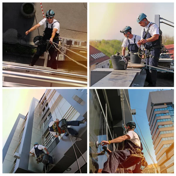 Window Washers Cleaning Office Building Exterior Collage Images Industrial Climbers — Stock Photo, Image