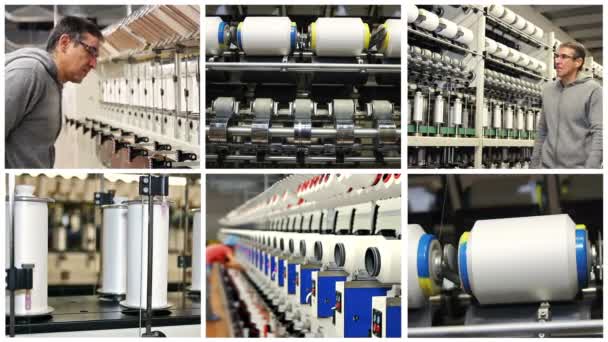 自動糸染織工場で生産 テキスタイルファブリック の仕事で機械の製造 生産ライン上のエンジニアと監督会議 — ストック動画
