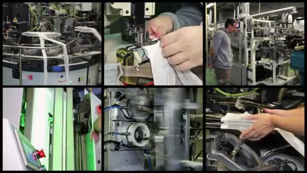 レディース靴下工場のビデオ壁を製造します 縫製工場の生産を自動化 パンスト製造の自動機の前にエンジニア — ストック動画