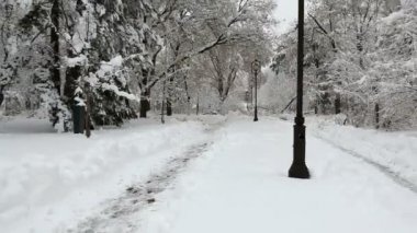 Kış City Park - dron görüntüleri. Karda yol üzerinde uçan. Kış City sahneden sonra kar fırtınası.