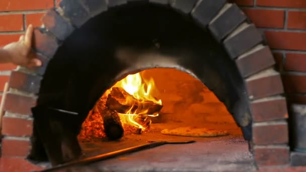 Cocinero Horneando Pizza Madera Horno Fuego Chef Haciendo Pizza Cocina — Vídeo de stock