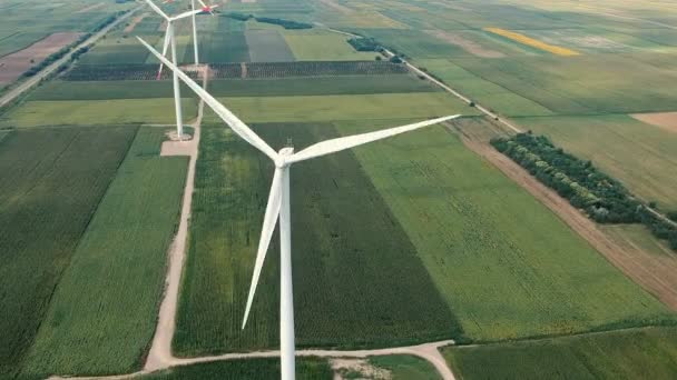 グリーン フィールドの風農場の空中写真 発電風車の農地 風農場ドローン映像 — ストック動画