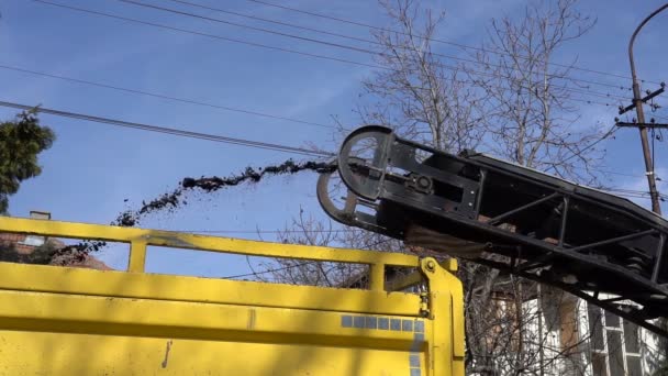 Road Milling Machine Removes Old Asphalt Slow Motion Unloading Powdered — Stock Video