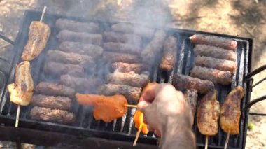 Bir ızgara üzerinde Sığır eti ve Tavuk Eti Sulu Dilimleri. Barbekü Izgara Üzerinde Çeşitli Et. Izgarada Açık Kavurma. Izgara Üzerinde Lezzetli Izgara Et ile Barbekü. Barbekü Partisi.